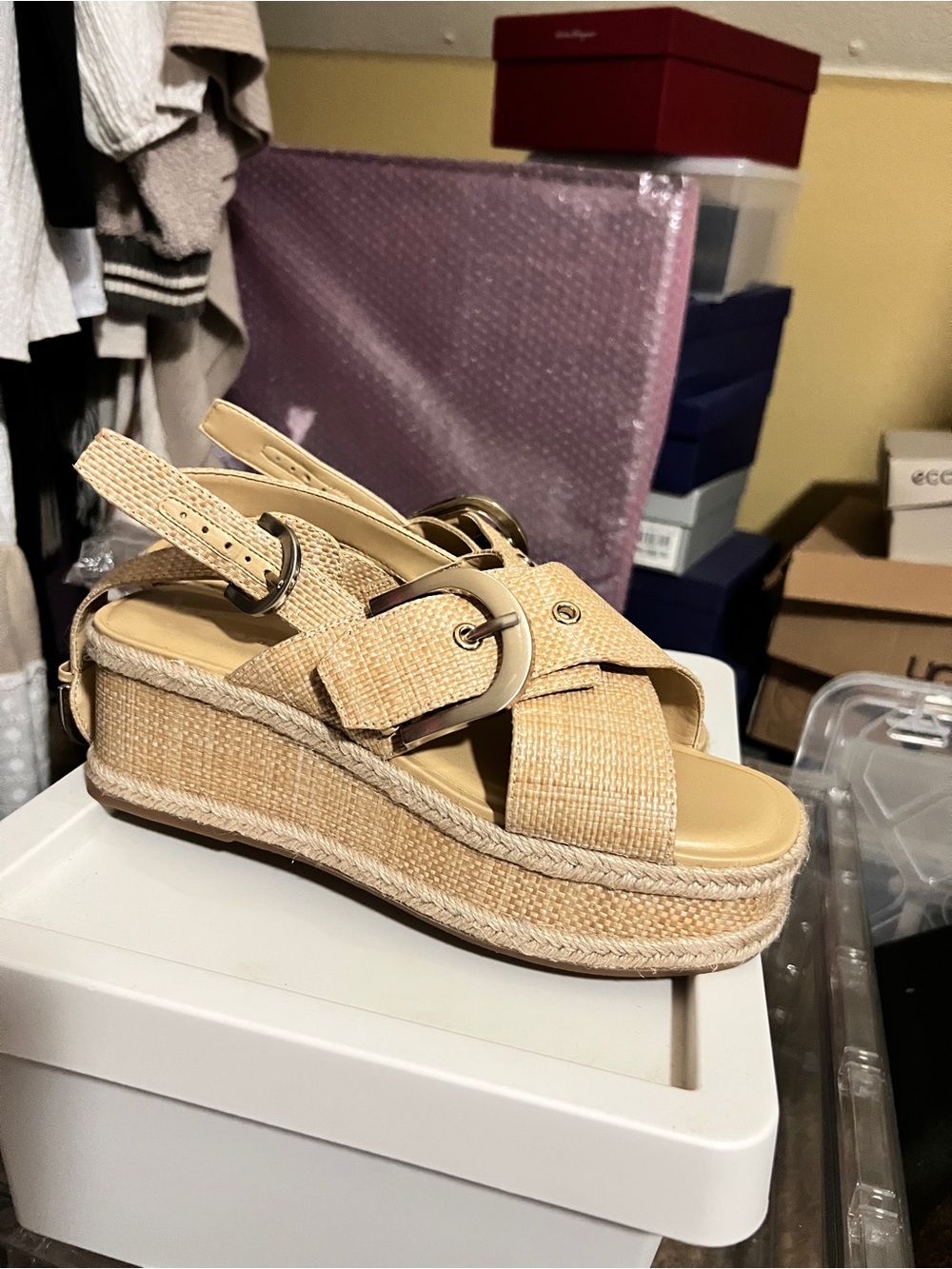 Marc Fisher LTD Renda Slingback Espadrille Platform Wedge Sandals Natural Raffia